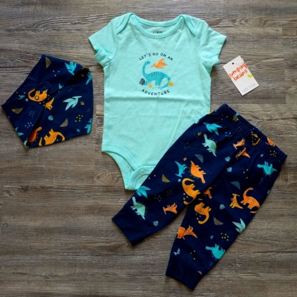 Jumping Beans 3 piece matching Set baby boy size 6M Dinosaur print blue NWT